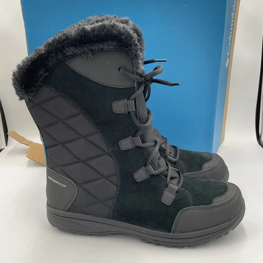 Columbia Womens Ice Maiden II Winter Snow Fur Boots Sz 11 Black Waterproof Insul
